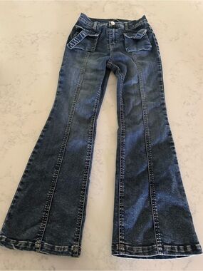 Girls Truce Dark Blue Flare Jeans with Snap Pock & Seam Detail 10